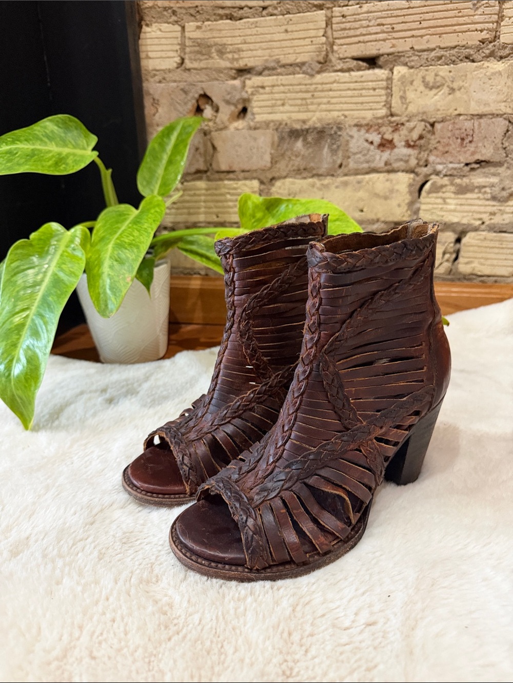 🤎 FREEBIRD by Steven BELA Leather Woven Open-Toe Booties | Sz 9